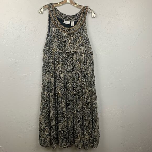 Soft Surroundings Midi Dress Black Size M Tiered Tan Black Leopard Studded Neck - Picture 1 of 7